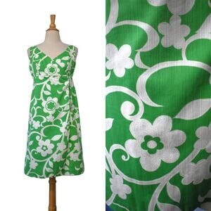 Vintage 70s Polynesian Bazaar Hawaiian MOD Apple Green White Floral Wrap Dress
